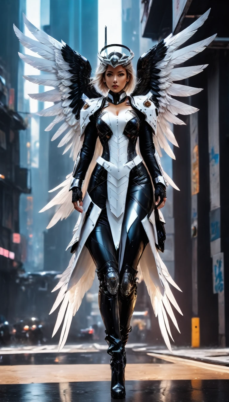 a picture of an mecha angel wearing black leather jacket, ((full body: 1.5)), exotic beautiful angel ((anatomically correct: 1.5), (ultra detailed face: 1.2), best detailed face, busty, folded wings, white angel wings, (white mecha armor: 1.3), she is wearing ((black leather jacket: 1.5)), intricate leather jacket, loose leather jacket, glam leather jacket, jacket has metallic studs, wearing silk dress, (dynamic color dress)), wearing thigh high heeled boots, cyberpunk church background, , vibrant, Hyperrealism style, vibrant, Ultra-high resolution, High Contrast, (masterpiece:1.5), highest quality, Best aesthetics), best details, best quality, highres, ultra wide angle, 16k, [ultra detailed], masterpiece, best quality, (extremely detailed) RAW, feathered wings,