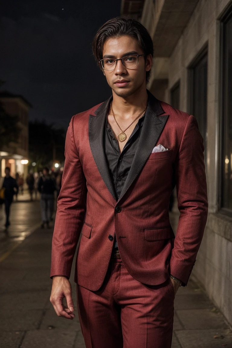 attractive mysterious northeastern Brazilian man with elegant formal attire in a red suit that fits perfectly on his fit physique with well-groomed modern hair with glasses and a gold necklace , on a university campus , the night