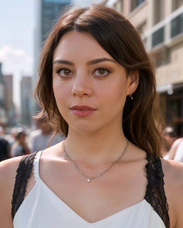 a picture of 4ubrey, brunette, realistic, photorealistic, detailed skin, surface scattering, bokeh, skin pores, city streets,detailed face,wearing a white  dress,wearinga necklace