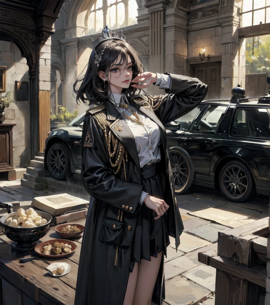 absurdres, RAW photo, extremely delicate and beautiful, masterpiece, Best Quality, ultra high resolution, 32k, hyper realistic, ultra-detailed, Very detailed CG 8k wallpaper, detailed background, landscape, Beautiful Lighting, Perfect Lightning, Realistic Shadows, perfect anatomy, anatomically correct, ideal ratio body proportions, perfect figure, Perfect Style, Perfect balance, super Detailed skin, in her 30s, very Slim body, narrow waist, very small head, very small face, delicate facial features, handsome detailed woman, very detailed eyes and face, realistic face proportions, Realistic beautiful face, Realistic beautiful eyes, tearful mole, earring, cowboy shot, very huge round tits, medium short hair, asymmetrical hair, wavy hair, indoor, long military uniform jacket, holding broad katana, school_uniform, skirt, dress shirt, hair band, large crown, Royal Jewels, robot, nature,