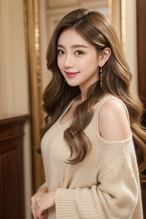 Beige Hair、One person, smile, Brown eyes、Curly Hair、Double、accessories, OL、Long Hair、Earrings, Anatomically correct, Highest quality,