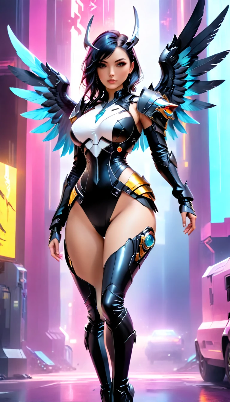 a picture of an mecha angel wearing black leather jacket, ((full body: 1.5)), exotic beautiful angel ((anatomically correct: 1.5), (ultra detailed face: 1.2), best detailed face, busty, folded wings, white angel wings, (white mecha armor: 1.3), she is wearing ((black leather jacket: 1.5)), intricate leather jacket, loose leather jacket, glam leather jacket, jacket has metallic studs, wearing silk dress, (dynamic color dress)), wearing thigh high heeled boots, cyberpunk church background, , vibrant, Hyperrealism style, vibrant, Ultra-high resolution, High Contrast, (masterpiece:1.5), highest quality, Best aesthetics), best details, best quality, highres, ultra wide angle, 16k, [ultra detailed], masterpiece, best quality, (extremely detailed) RAW, feathered wings,