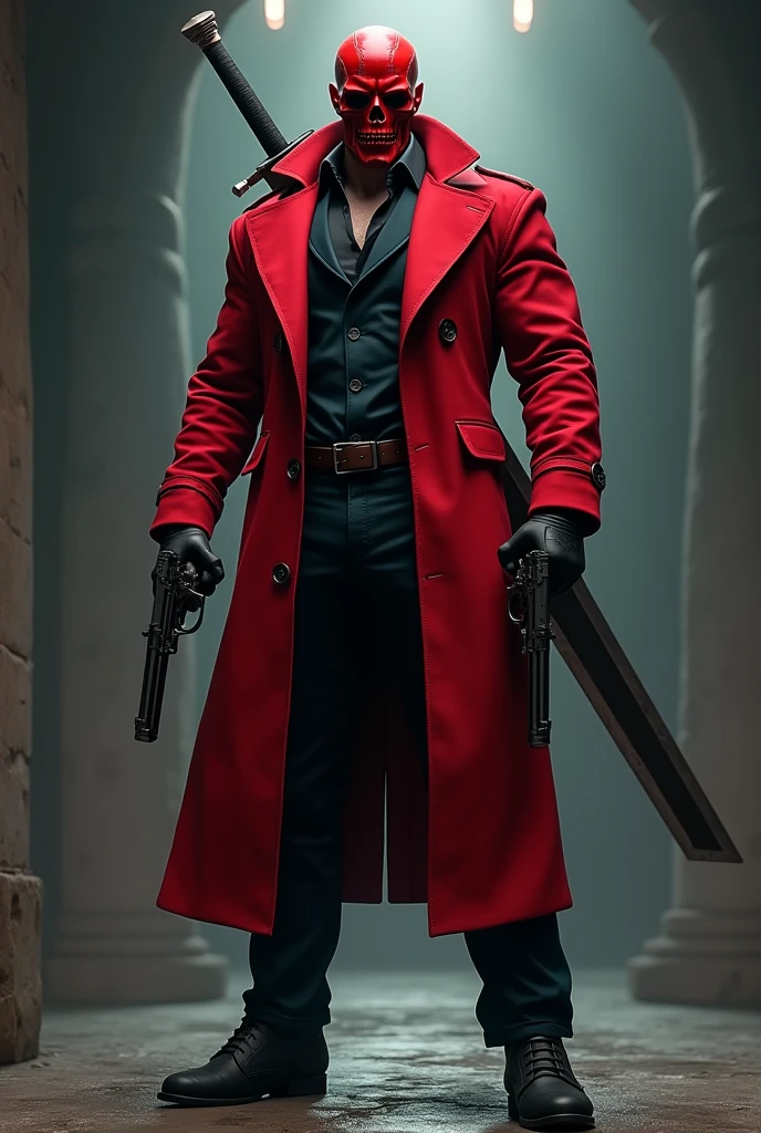 (photorealism:1.2), Create an anti-hero. that measures 1,87 cm, that is with a marked physique, that wears a red trench coat, a large sword on his back, Wearing black leather fingerless gloves, wearing a red skull mask, that on the sides of the legs, carry 2 revolver weapons. And that he is handsome.