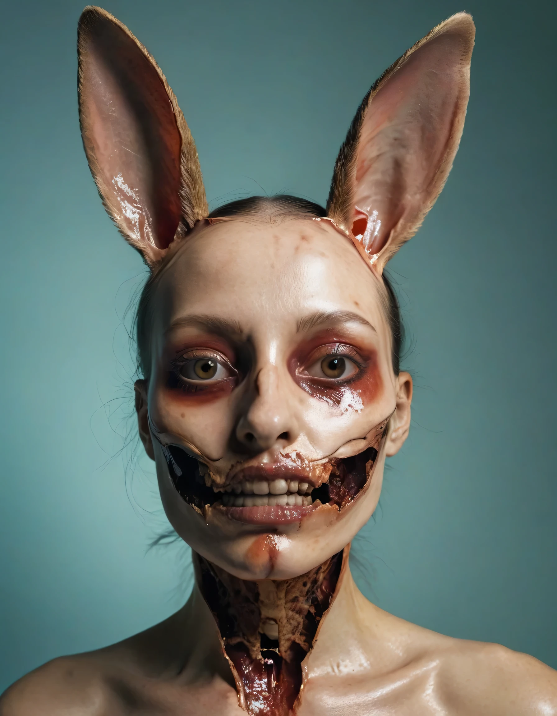 8k, a surreal photo of a woman whose face has been stretched until it is distorted into a shape transforming into a macabre rabbit