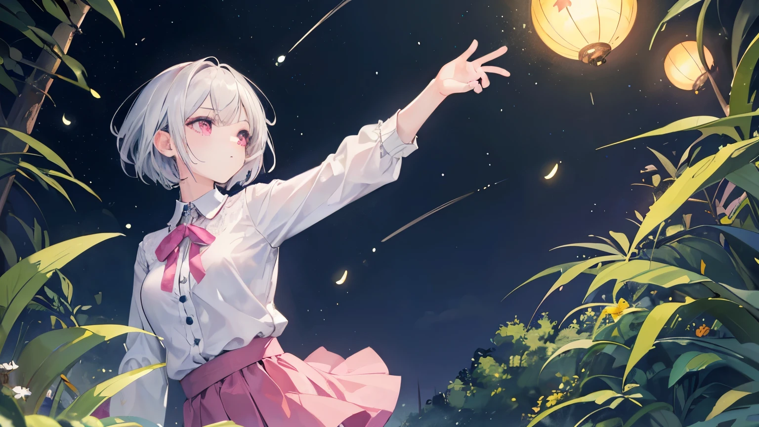 ((Highest quality)), ((masterpiece)), (detailed)、A woman with silver short hair and pink eyes(A simple white shirt and a green miniskirt)、Looking up、A lot of fireflies are flying、profile、Dark night sky、Riverbank at night、Panorama