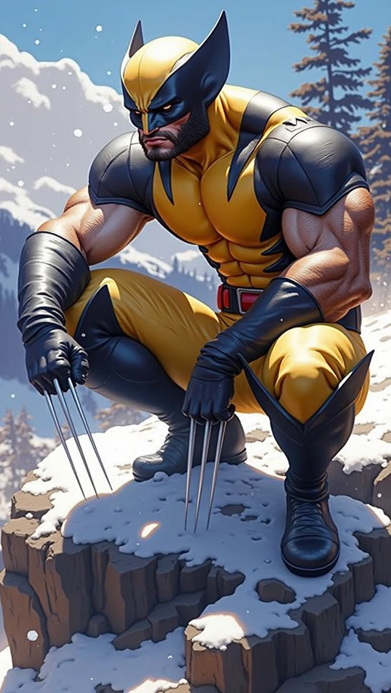 wolverine sitting on a rock in the snow with his claws crossed, artgerm craig mullins, wolverine action pose, by Craig Mullins, wojtek fus, craig mullins nekro, wolverine ate, by Ryan Barger, marvel concept art, portrait of wolverine, ross tran 8 k, by Glenn Fabry, james gurney painting style, spiderman as wolverine