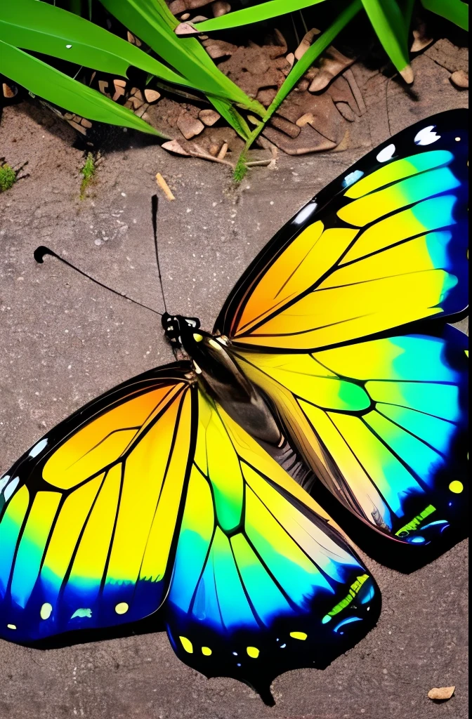 there is a butterfly that is sitting on the ground, iridescent wings, beautiful iridescent colors, iridescent moth wings, by Emanuel Schongut, beautiful symmetric, butterfly, translucent wings, ringlet, beautiful opened wings, harmony of butterfly, hairs fluttering on the wing, vivid colours. sharp focus. wow!, butterfly wings, by Hans Werner Schmidt