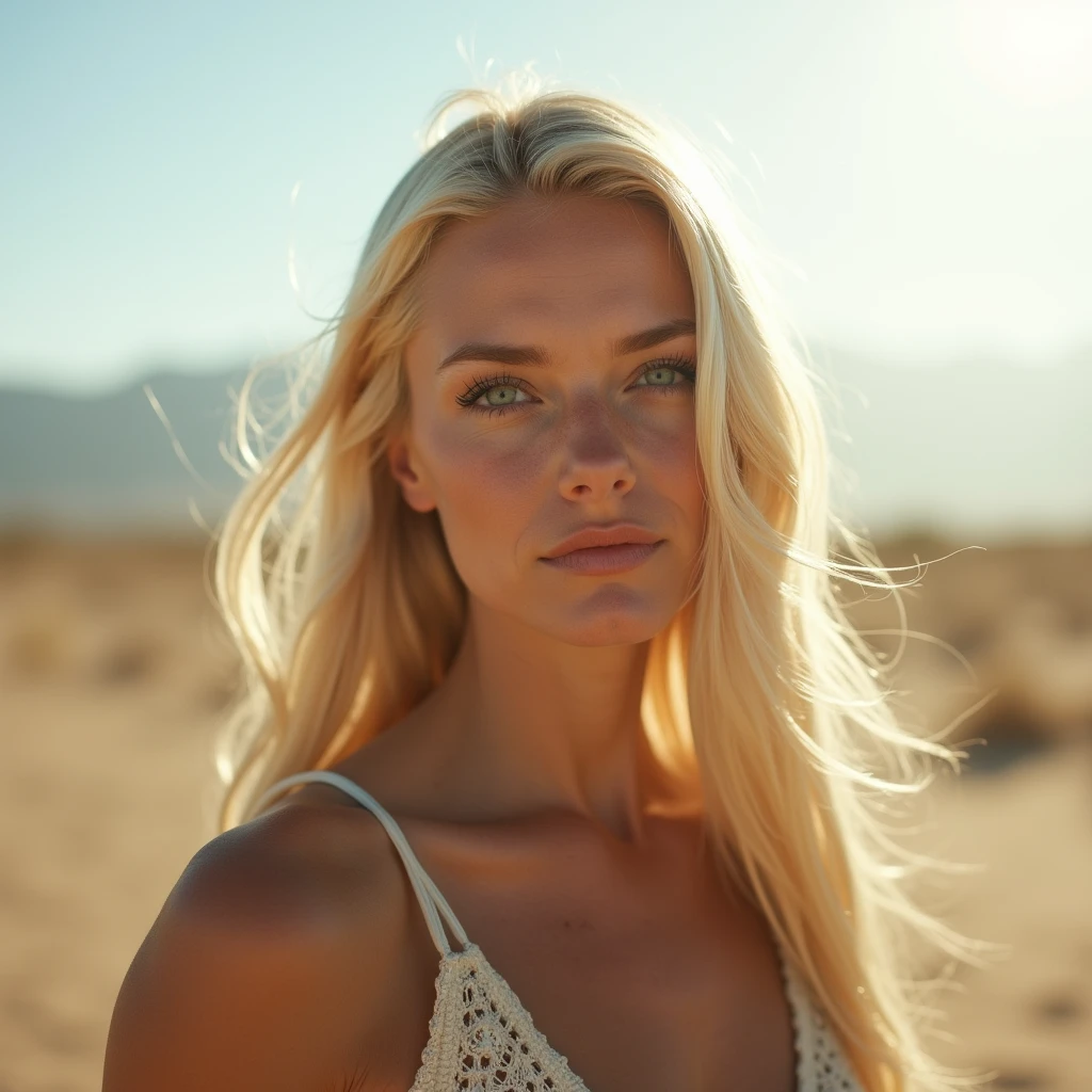 under the sunlight, in the desert, full body of of a white woman, 40 years old, long straight blond hair, blue eyes, slim, full body, historical photography, ultra - realistic, natural light, Canon 5D, DSLR, 50mm, style raw, complex background, fine face and nose, fine mouth, smooth hair, skin pore visible, (Very detailed RAW photo), (photorealistic, dramatic and cinematographic lighting, Main light, Fill light), sharp focus, cinematographic, imperfect skin, Tissues, Textures, detailed face, detailed skin, detailed fingers, NaturalHand2-3500, analog film photo Deep photo, depth of field, Ferrania P30 Film, shadow, perfect face and body, low light, flash camera, washed-out film, desaturated, 35mm photo, grainy