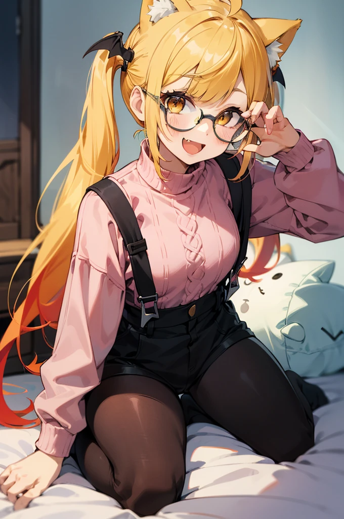 2d, masterpiece, best quality, anime, highly detailed face, highly detailed eyes, highly detailed background, perfect lighting, full body, 1girl, solo, bedroom, yozora mel, vampire, head wings, twintails, long hair, multicolored hair, ahoge, pink sweater, cat ears, glasses, suspenders, :d 