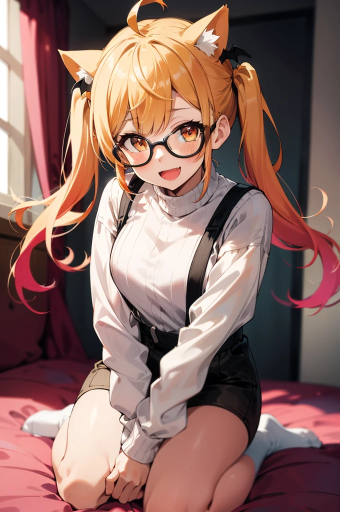 2d, masterpiece, best quality, anime, highly detailed face, highly detailed eyes, highly detailed background, perfect lighting, full body, 1girl, solo, bedroom, yozora mel, vampire, head wings, twintails, long hair, multicolored hair, ahoge, pink sweater, cat ears, glasses, suspenders, :d 