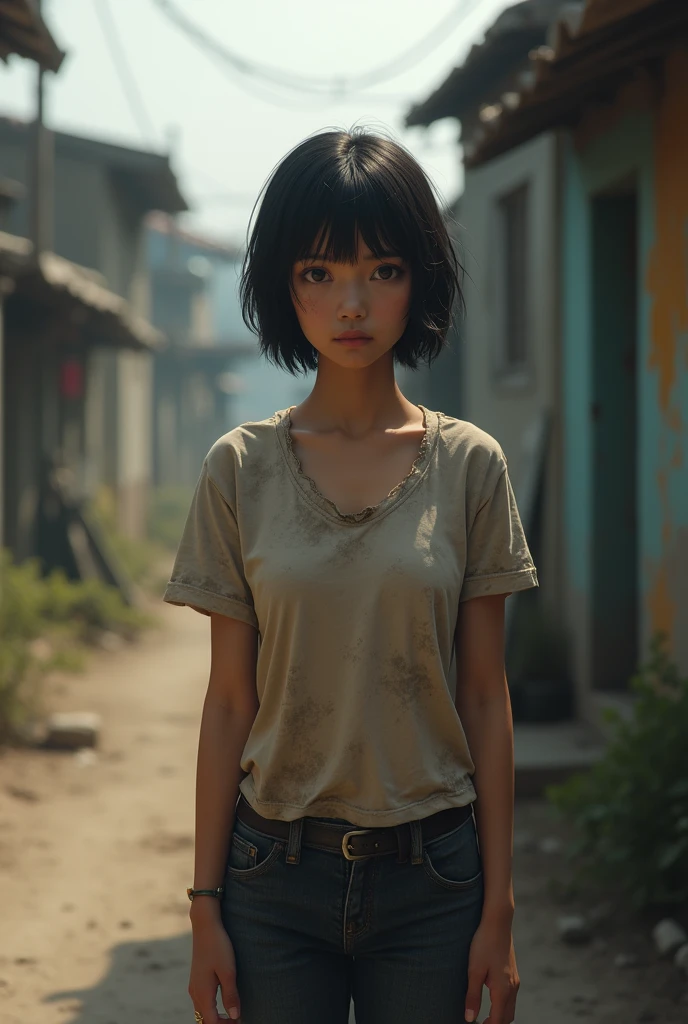 generate a short-haired Asian woman with limited resources and dark skin