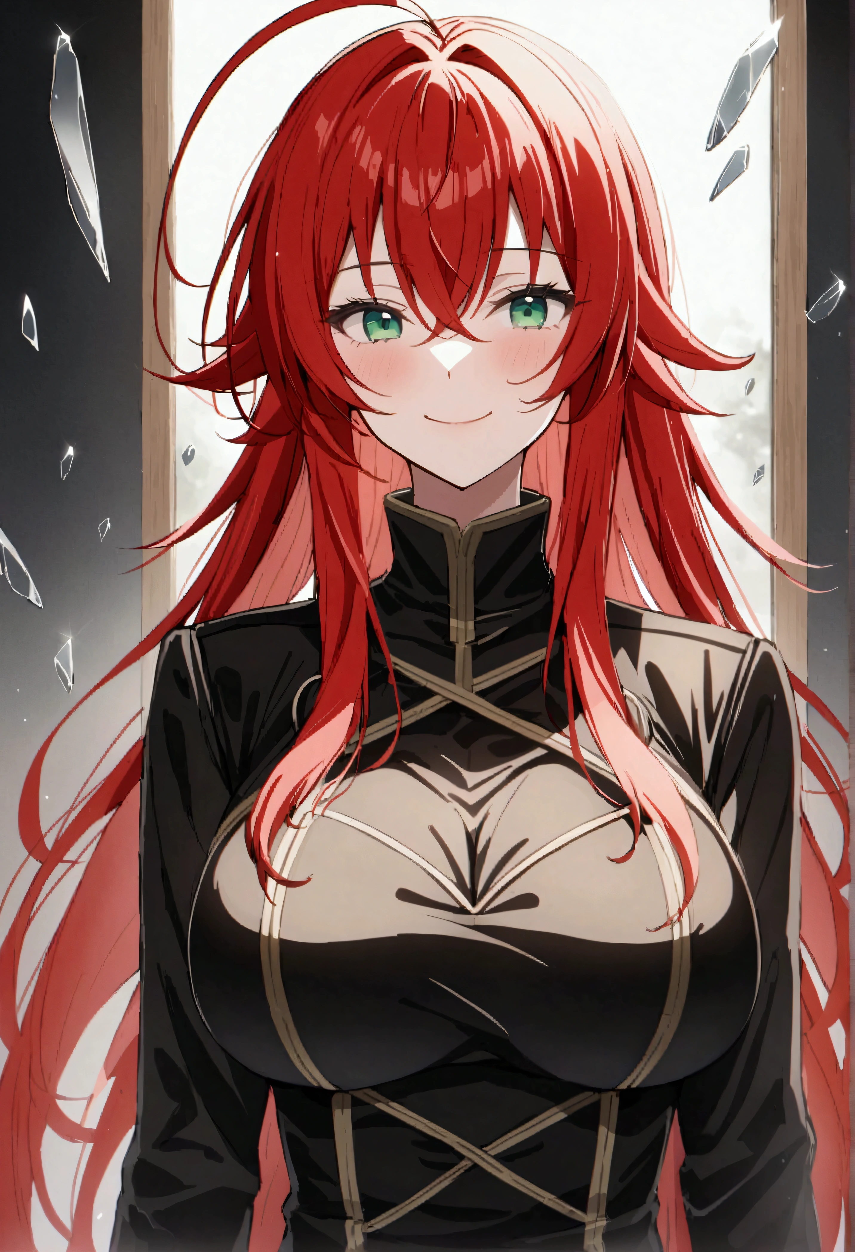 Rias Gremory、Huge ahoge、Long Hair、Hair between the eyes、Green Eyes、Redhead、smile、Big Breasts、score_9、score_8_up、score_7_up、Real、Bokeh、Depth of written boundary、IncrsXLBrknGls、Broken glass、reflection、Upper body Gojo Satoru、Gray Hair、Black blindfold、Black jacket、High collar、Long sleeve、One Boy、顔にBlood、Blood、服にBlood、Bloodしぶき、