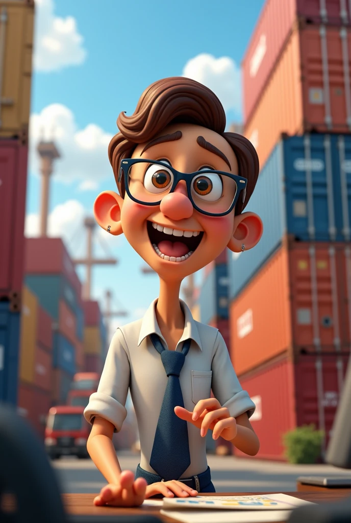 Create a Pixar-style image with an adult person in the office and in the background containers in the port written on the container EVL and in the header of the image written as if it were the name of a film the following sentence: DEAD LINE EXTENDED