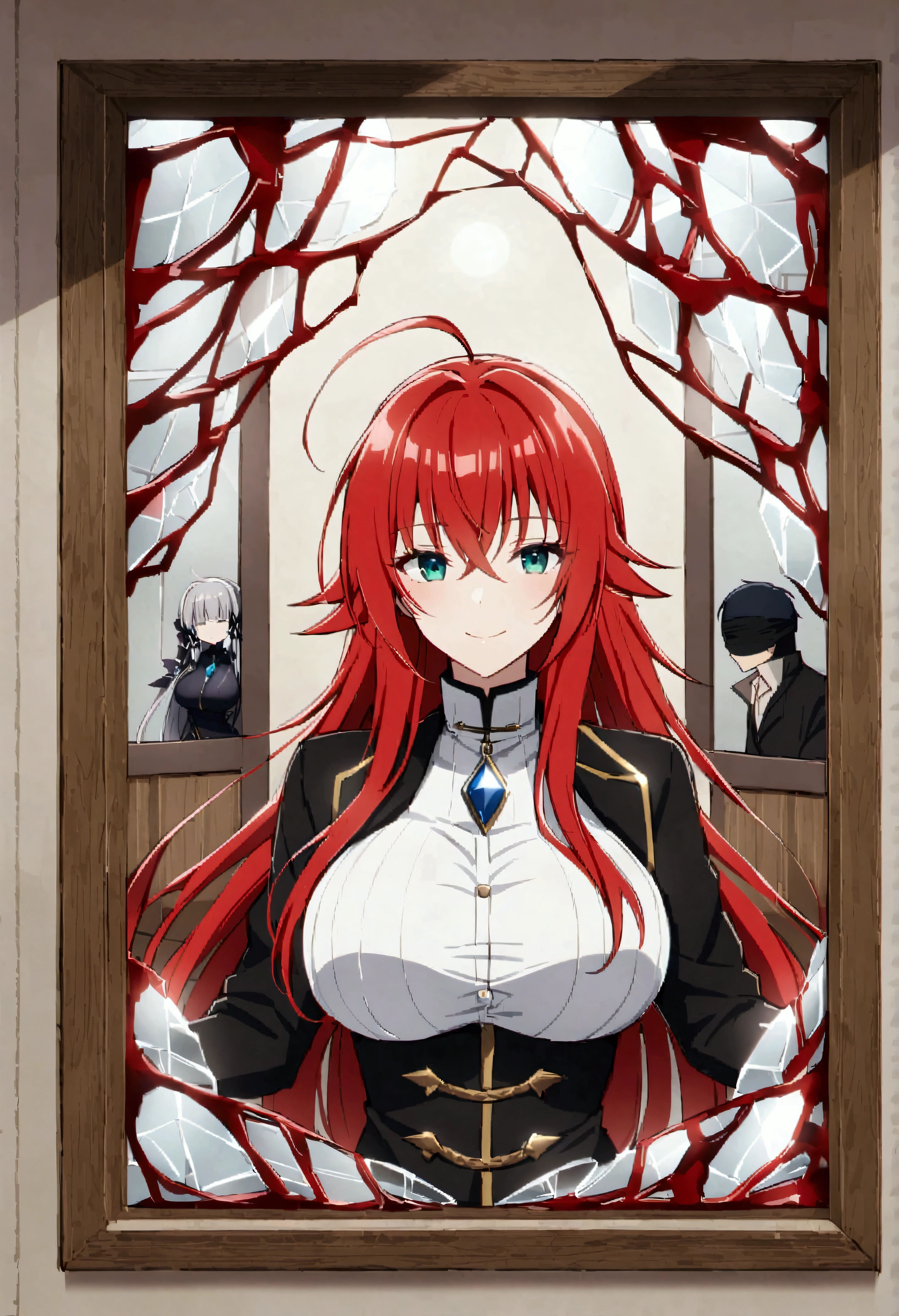 Rias Gremory、Huge ahoge、Long Hair、Hair between the eyes、Green Eyes、Redhead、smile、Big Breasts、score_9、score_8_up、score_7_up、Real、Bokeh、Depth of written boundary、IncrsXLBrknGls、Broken glass、reflection、Upper body Gojo Satoru、Gray Hair、Black blindfold、Black jacket、High collar、Long sleeve、One Boy、顔にBlood、Blood、服にBlood、Bloodしぶき、