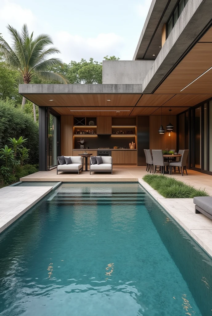MAKE A DESIGN FOR A MODERN GOURMET AREA WITH A POOL IN AN AREA OF 80 SQUARE METERS 






