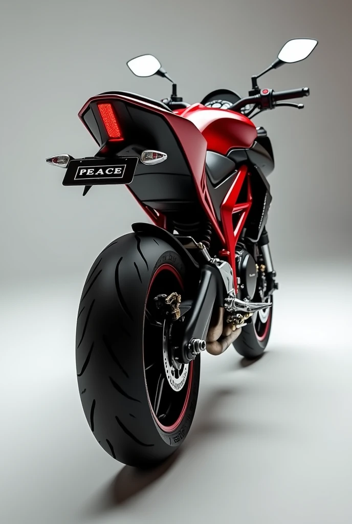 Imagine une tvs apache 200 rtr échappement akrapovik sans garde roue et sans support pour la plaque (la plaque est directement raccordée à l'arrière de la moto) et sur la plaque il est écrit PEACE.Genere l'image
La moto doit être vue de côté et doit être de couleur noir et rouge avec du noir qui domine