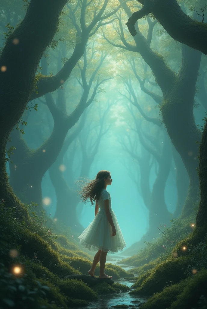 Generate in 3d cinematic and cartoon style**: A dreamlike sequence showing Radhika walking through a dark forest, with trees casting long shadows, and a mysterious light guiding her path towards the deeper part of the jungle