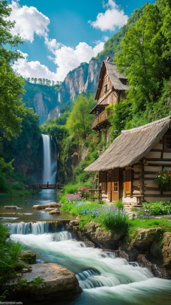 Hungarian ancient village, mystical nature, Rivers, Mountains and forests, waterfall, cloud, Photorealistic photos, It's not 8k. Aerial view.