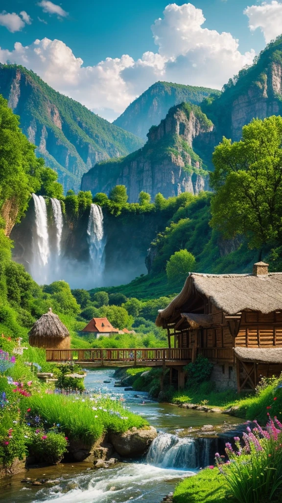 Hungarian ancient village, mystical nature, Rivers, Mountains and forests, waterfall, cloud, Photorealistic photos, It's not 8k. Aerial view.
