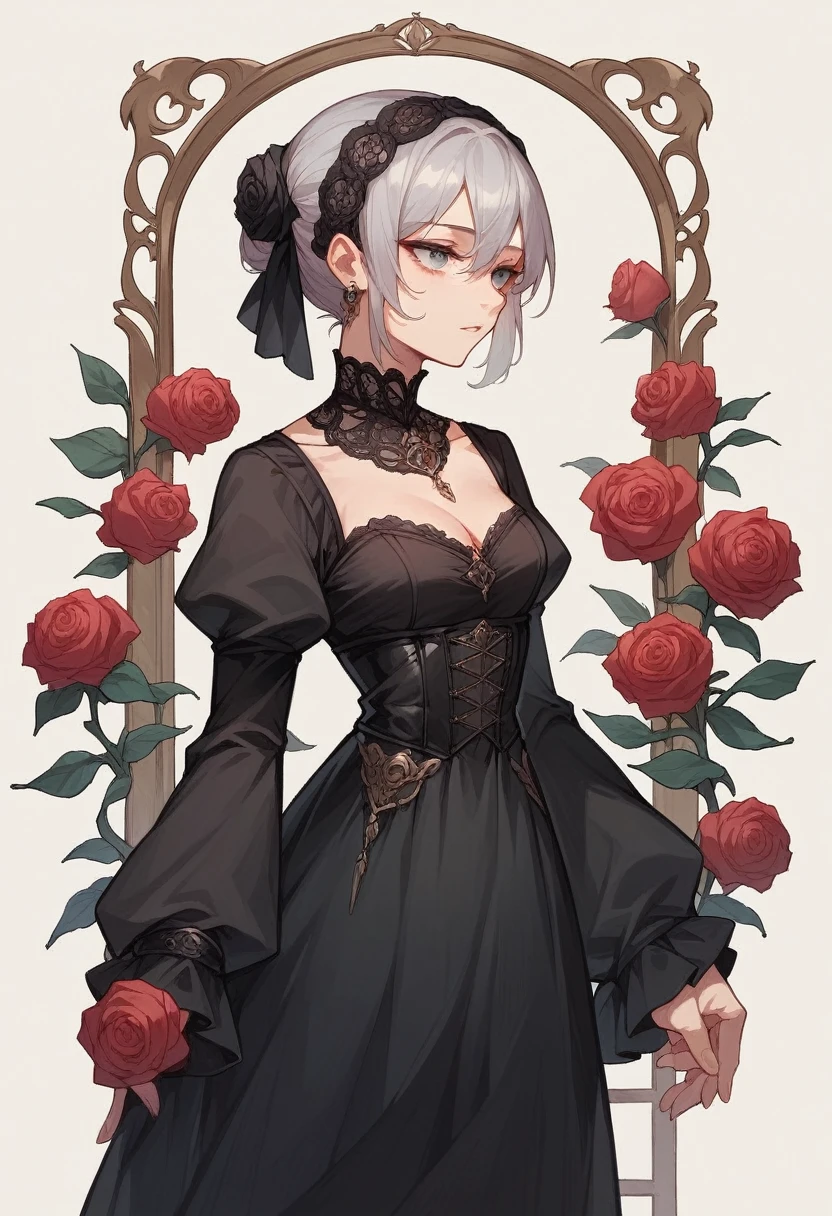 Girl in a black dress with long black sleeves, rose on the eye, Roses on the dress 