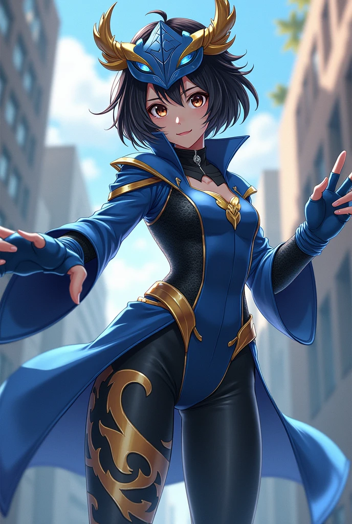 A 15 year old japanese girl, sharp asian dark brown eyes, very short but thick hair that is black, who has a dragon themed mask and hero costume. It is mainly blue, with some black dragon scale patterns, but a golden dragon across her left leg. She has horns. Her powers are Fire, Water, Earth, Wind and Space.