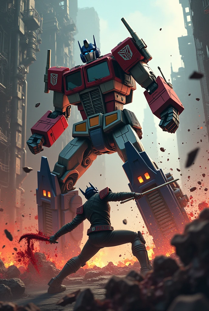 Optimus Prime VS Kirito, Kirito death, Kirito hurt, Kirito blood gore, highly detailed, cinematic shot, dramatic lighting, epic battle scene, mechanical robot, anime character, digital art, 8k, hyper-realistic, vibrant colors, chiaroscuro, volumetric lighting, photorealistic