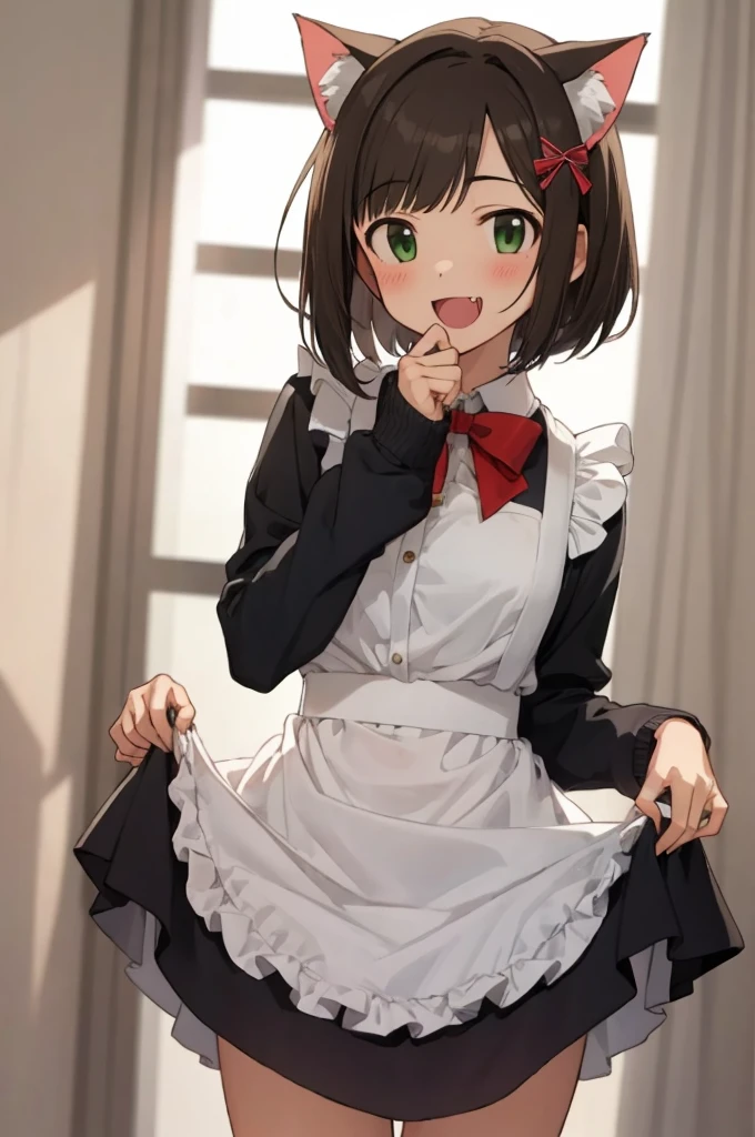 maekawa_miku, 1girl, :d, blush, brown_hair,
fang, (green_eyes:1), looking_at_viewer, open_mouth, , short_hair, smile, solo, sweater, (tareme:1.2), long eyeliner, maid, cat ears, skirt lift,
