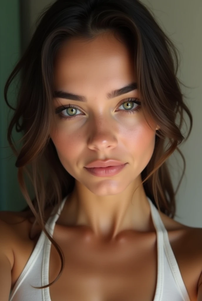 selfie d'une jeune fille avec des cheveu lisse de 24 ans très réaliste avec un air arabe et turque avec un regard désireux sexuel et le corps entier apparent et une ressemblance a 50% avec abella danger avec les yeux vert très realiste et avec le visage bien visible le plus réaliste possible sans aucun flottage souriante de face