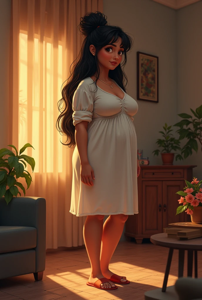 (photorealism:1.2), 35 years old married little chubby indian wife aunty with long black messy bun hairs and big boobs wearing night dress with matching casual slipperz standing inside room, full body standing, cute, cozy room, relaxed pose, realistic, intricate details, warm colors, by Greg Rutkowski, by Alphonse Mucha