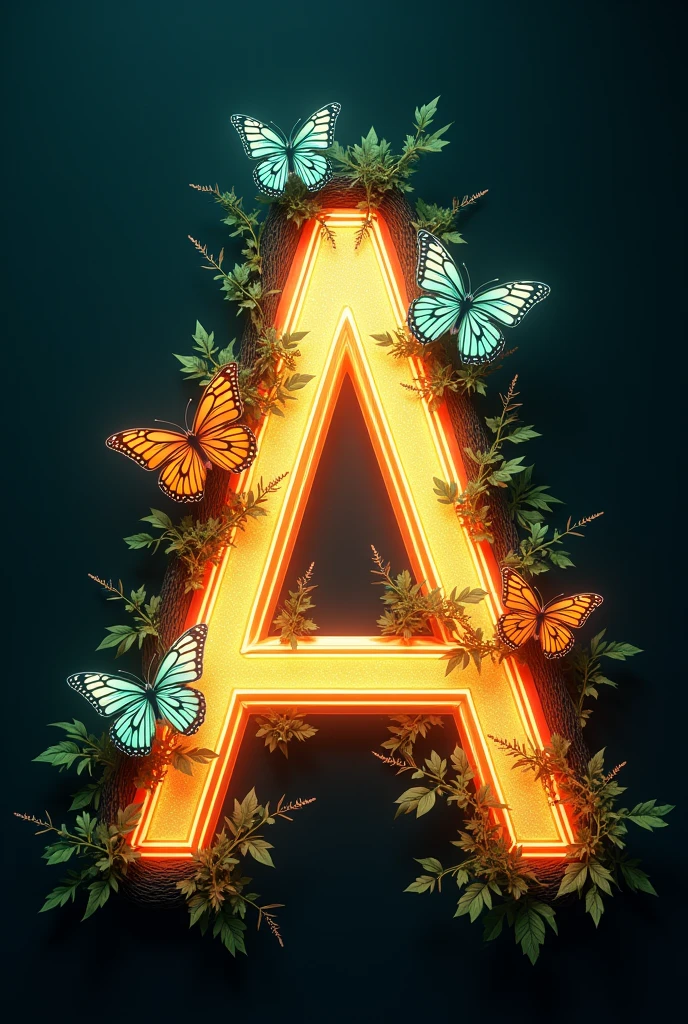 Create an image of a stylized letter ‘A’ with a glowing neon outline, adorned with vines and leaves that have a bioluminescent quality. Include butterflies with detailed and vibrant wings, one of which is perched on the letter. The color scheme should feature orange, green, and white hues reminiscent of the Indian flag, with a touch of blue from the Ashoka Chakra integrated into the design. The background should be dark to accentuate the glowing elements of the letter ‘A’ and its natural decorations.