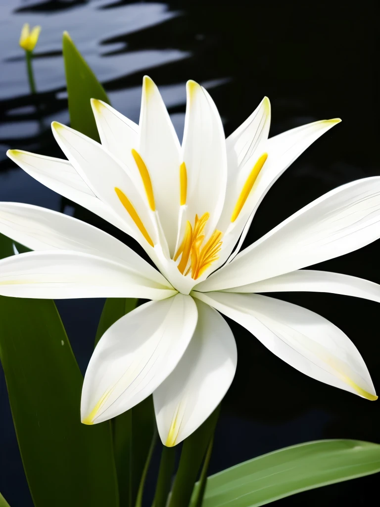 there are some white flowers in the water near some rocks, hymenocallis coronaria, spirited water plants, lily flowers, detailed white, white flowers, white lilies, flowers with very long petals, lillies, white flower, glowing veins of white, garis edelweiss, myth of narcissus, lily flower, aquatic plants, reflecting flower, david hardy