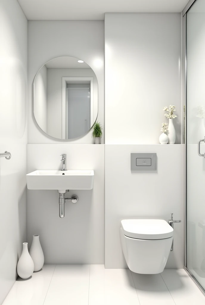 create an image of a simple bathroom with 2,50 long by 2,0 wide and 2,2 tall with 01 box with 01 shower, 01 toilet, 01 single sink with 01 single tap and a medium mirror in front of the tap, the floors, tile, vases and sink all in white. the bathroom should be simple and without luxury.