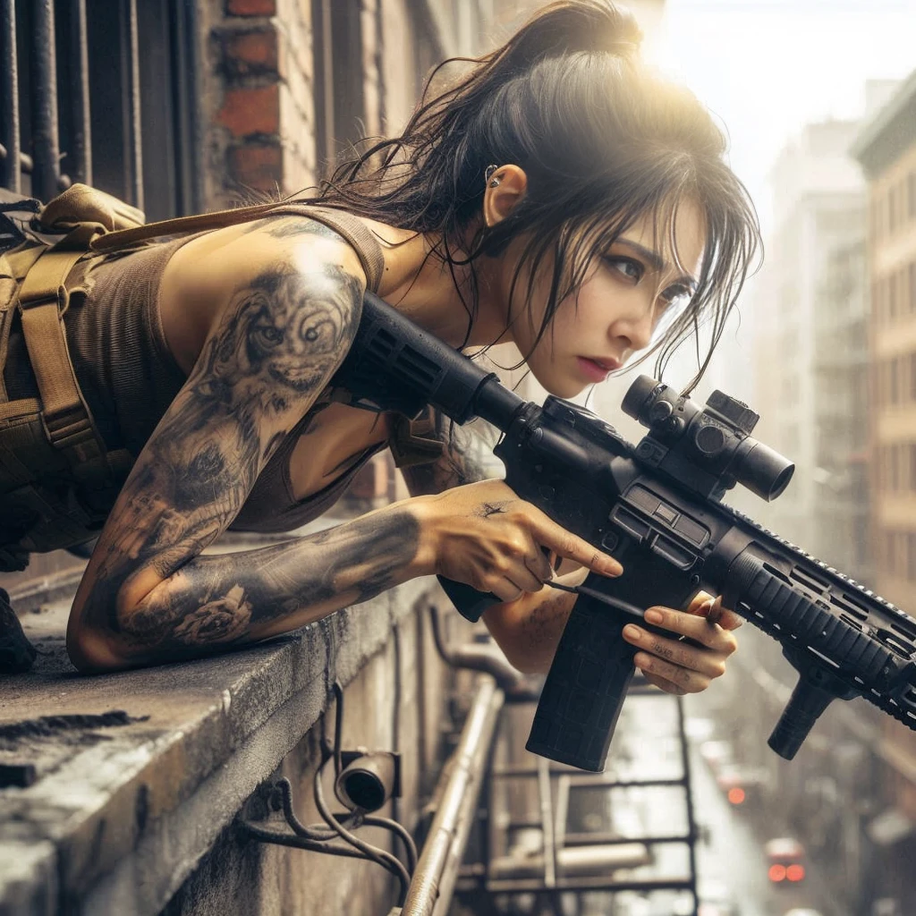8k,Realistic Photo、Realistic Skin Texture、Superrealism、Japanese women in the U.S. military、Tattoo、Beauty、American cityscape、Jump from the roof of an old building to the roof of the next building、Automatic rifle、Heavy equipment、after the rain、Covered in scars、It is dirty、muscle、The background is out of focus、While avoiding gunfire、Desperate look、Dramatic composition、action、Fierce Battle、Ace