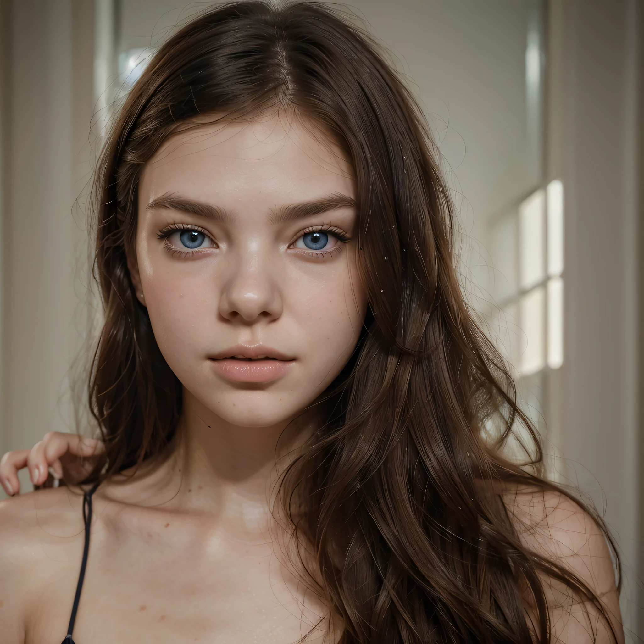 "A highly detailed portrait of a beautiful young woman who closely resembles American actress Anya Taylor-Joy. She has striking blue eyes and a delicate facial structure, with high cheekbones, full lips, and smooth, fair skin. Her hair is styled elegantly, with a soft and natural wave. She exudes an ethereal, almost otherworldly beauty, with a calm and captivating expression. The background is softly blurred to keep the focus on her face, with subtle lighting that enhances her features and gives her a glowing appearance."