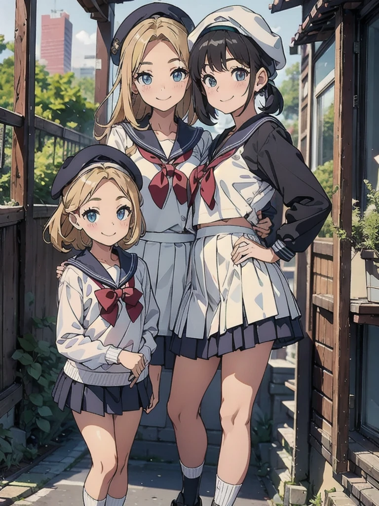 cute、daily、Group photo、Smiling face、Sailor suit、mini skirt、beret