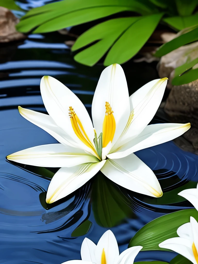 there are some white flowers in the water near some rocks, hymenocallis coronaria, spirited water plants, lily flowers, detailed white, white flowers, white lilies, flowers with very long petals, lillies, white flower, glowing veins of white, garis edelweiss, myth of narcissus, lily flower, aquatic plants, reflecting flower, david hardy