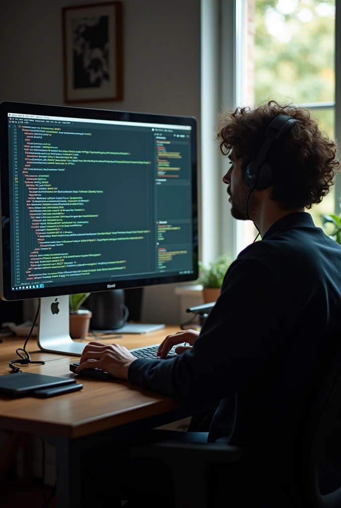 programmer in a room with daylight, The code is visible on the monitor