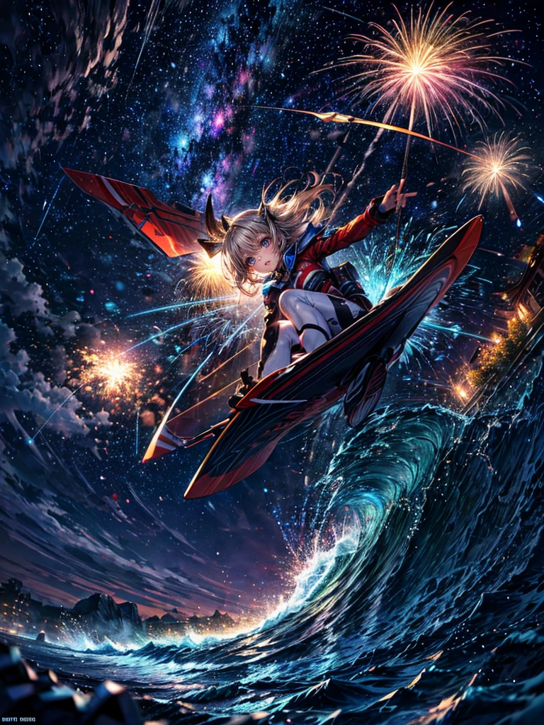 High resolution, Winner of numerous awards, Ultra high definition, Textured skin, Retina, 
masterpiece,(bestquality),highlydetailed,ultra-detailed,1girl, （A composition where a girl is 夜空をsurfing🏄‍♀️する.:1.4）（Robot flying in the sky）(fantasylandscape:1.2,natural lighting:1.5,confidentexpression),(panorama:1.2),mecha, smile,angle、chrome,raw（Blonde beautiful girl、Animal ears）Fireworks go off🎇、（Fireworks lighting）(Starry Sky) (surfing:1.6)