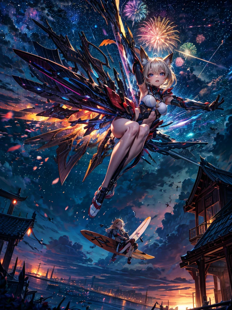 High resolution, Winner of numerous awards, Ultra high definition, Textured skin, Retina, 
masterpiece,(bestquality),highlydetailed,ultra-detailed,1girl, （A composition where a girl is 夜空をsurfing🏄‍♀️する.:1.4）（Robot flying in the sky）(fantasylandscape:1.2,natural lighting:1.5,confidentexpression),(panorama:1.2),mecha, smile,angle、chrome,raw（Blonde beautiful girl、Animal ears）Fireworks go off🎇、（Fireworks lighting）(Starry Sky) (surfing:1.6)