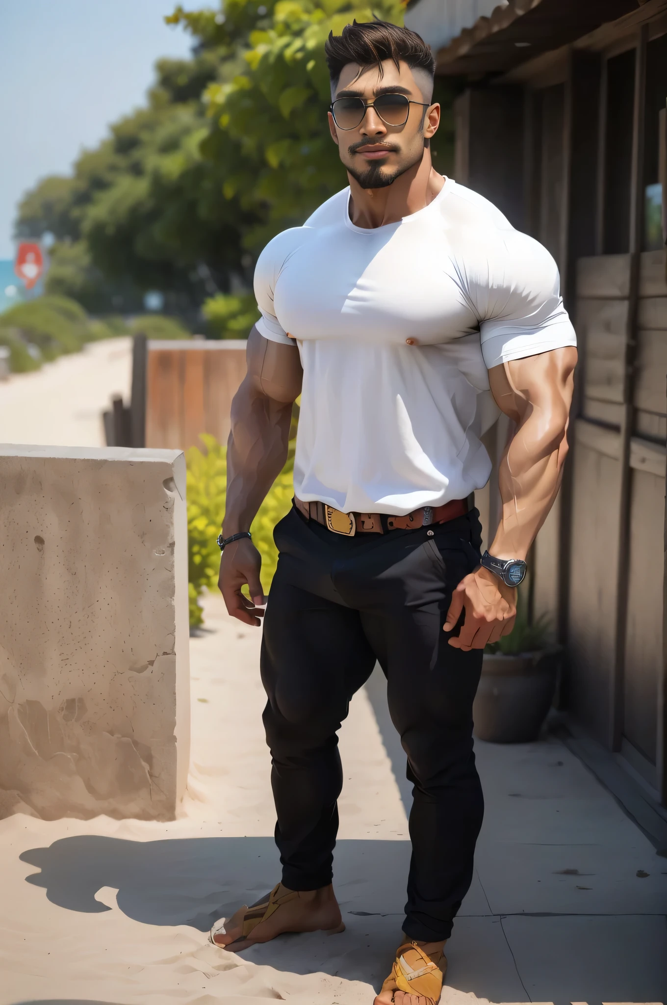 Indian facial features inspired by a handsome alpha hunk Japan actor, with light brown skin, dark eyes, and styled golden blonde hair, in his late 20s to early 30s, standing have moustache and goatee beard, smirking, wear aviator sunglasses. Muscular man with a physique similar to heavyweight bodybuilder Lee Priest prime physique, standing confidently in a beach ,wearing white tight shirt short sleeves,perting nipples and muscle through shirt. His physique well-proportioned and aesthetically impressive, with clear muscle separation, have a massive chest visible bulging pectoral muscles, 3D Voluminous pectorals and defined nipples. Bulging The biceps 23 inches, with powerful, rounded shoulders and a narrow waist, showcasing an impressive V-taper.