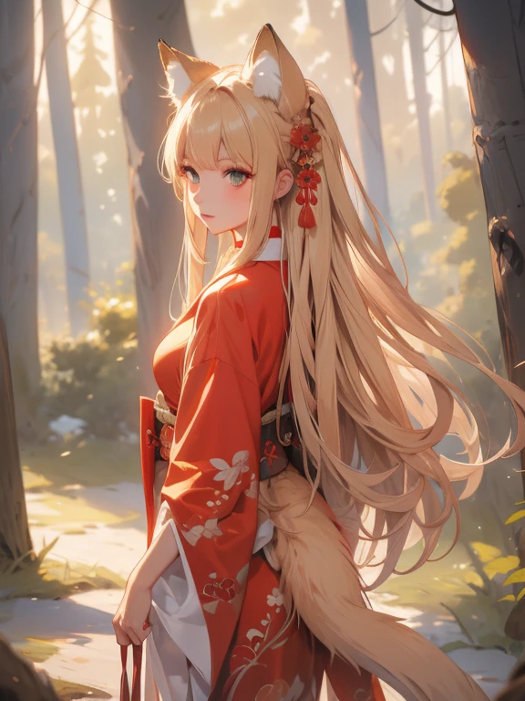 masterpiece, highest quality, Very detailed, 16k, Ultra-high resolution, Cowboy Shot, One , Detailed face, Perfect Fingers, Fox Ears, tail, Golden Eyes, Blonde, Long Hair, Red kimono, in the forest, During a walk