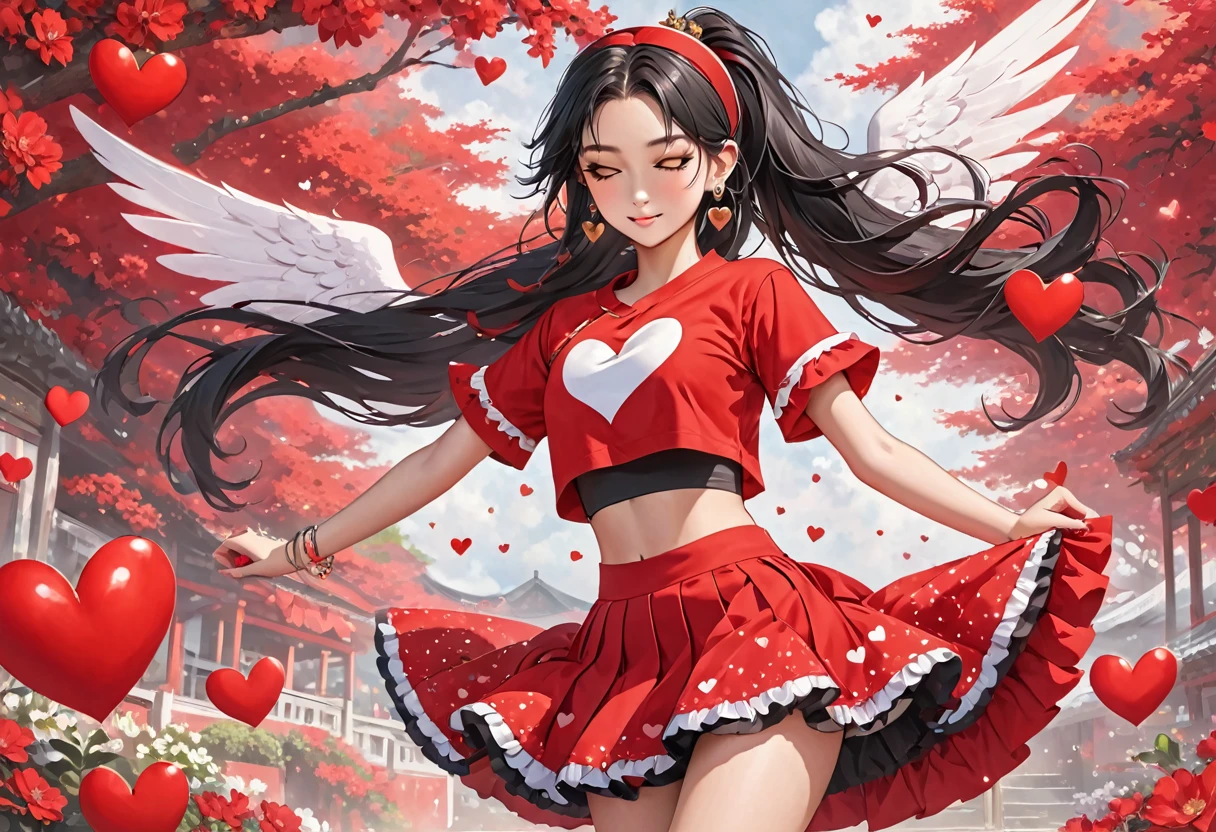 a young girl is wearing red clothes with heart shaped wings sticking out of her skirt, 1girl, solo, one eye closed, jewelry, hairband, ponytail, black hair, heart, looking at viewer, black eyes, long hair, earrings, crop top, midriff, red shirt