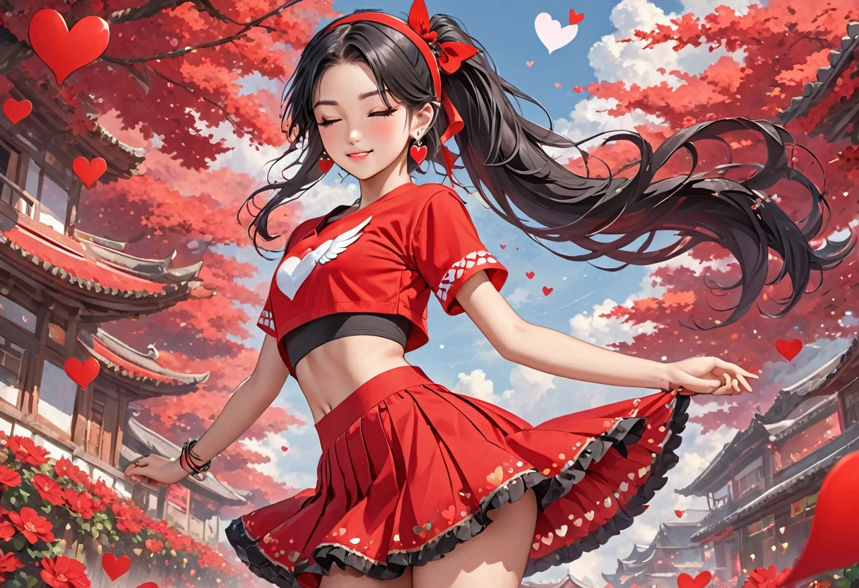 a young girl is wearing red clothes with heart shaped wings sticking out of her skirt, 1girl, solo, one eye closed, jewelry, hairband, ponytail, black hair, heart, looking at viewer, black eyes, long hair, earrings, crop top, midriff, red shirt