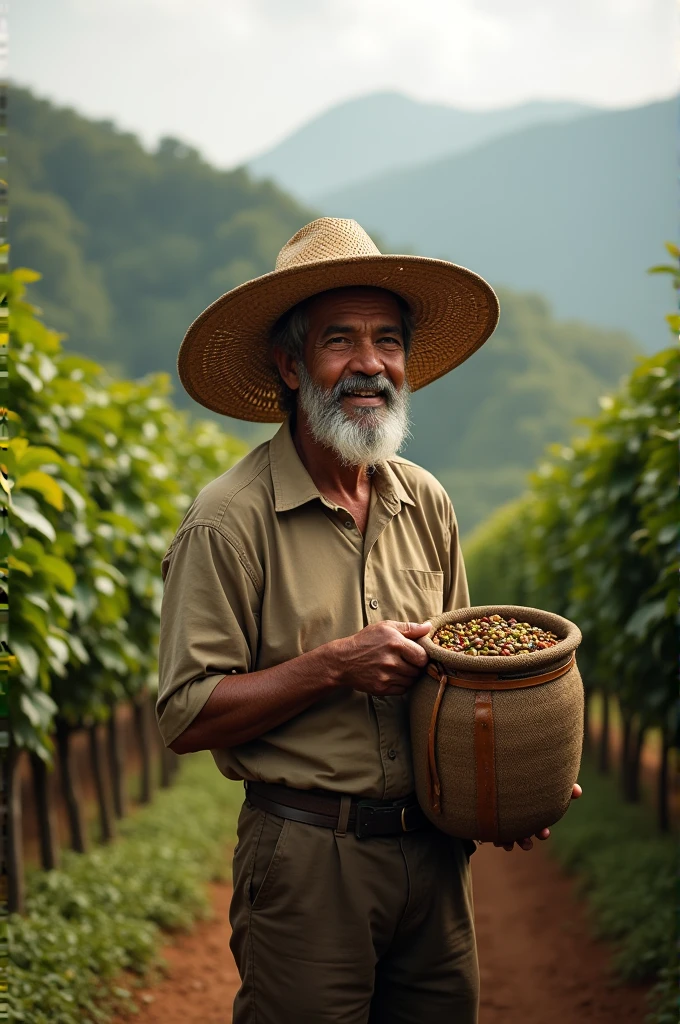 Create an image of a Colombian farmer coffee picker with an Aguadeño hat and a Carriel Jericuano 