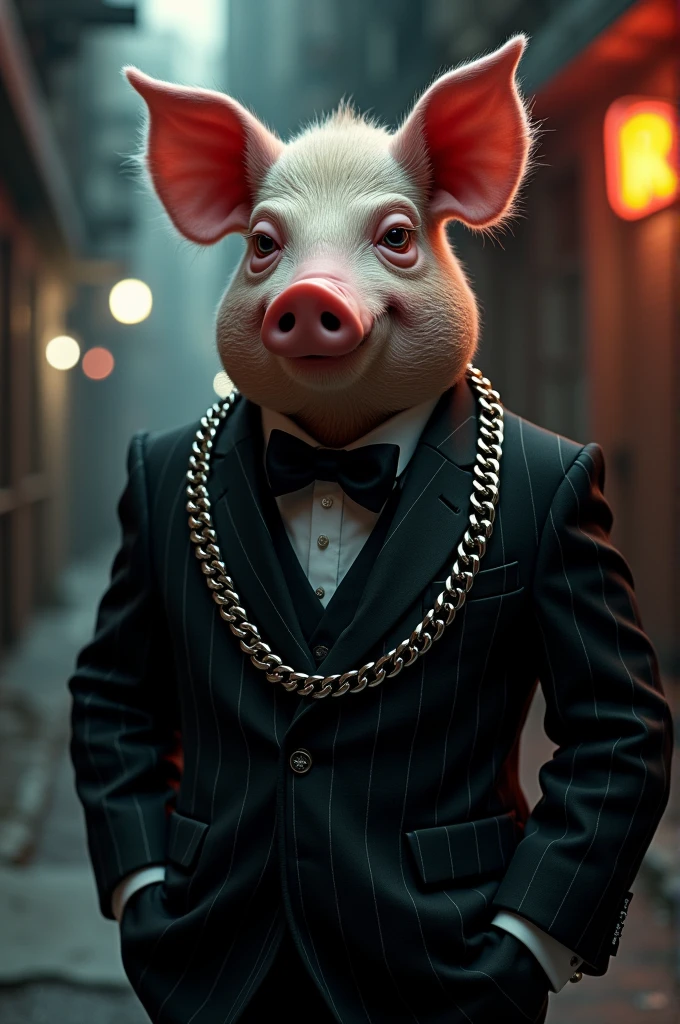 A pig with silver chain and wearing black gangster suit