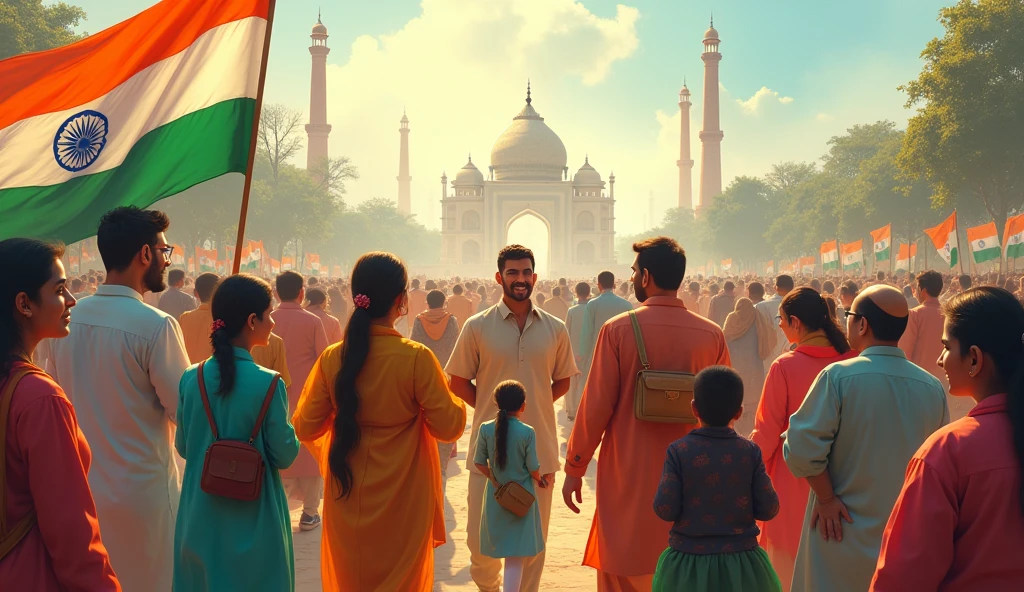 **Dream of Independence**: A hopeful and inspiring image depicting an independent India, with citizens of all walks of life enjoying their freedoms and working together, embodying the vision of equality, freedom, and dignity that leaders like Gandhi and Nehru aspired to achieve..in Dall e-3 style