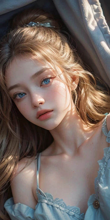 (masterpiece: 1.2, Portraiture, Highest quality), Realistic, (Live Action, Intricate details, Written boundary depth), Highest quality, masterpiece, Attention to detail, semi-Realistic, Sleeping in bed, shy, 21 years old, Short Blonde, blue eyes, pajamas, Slim figure、Canopy bed、 sleeping beauty, Old russian house