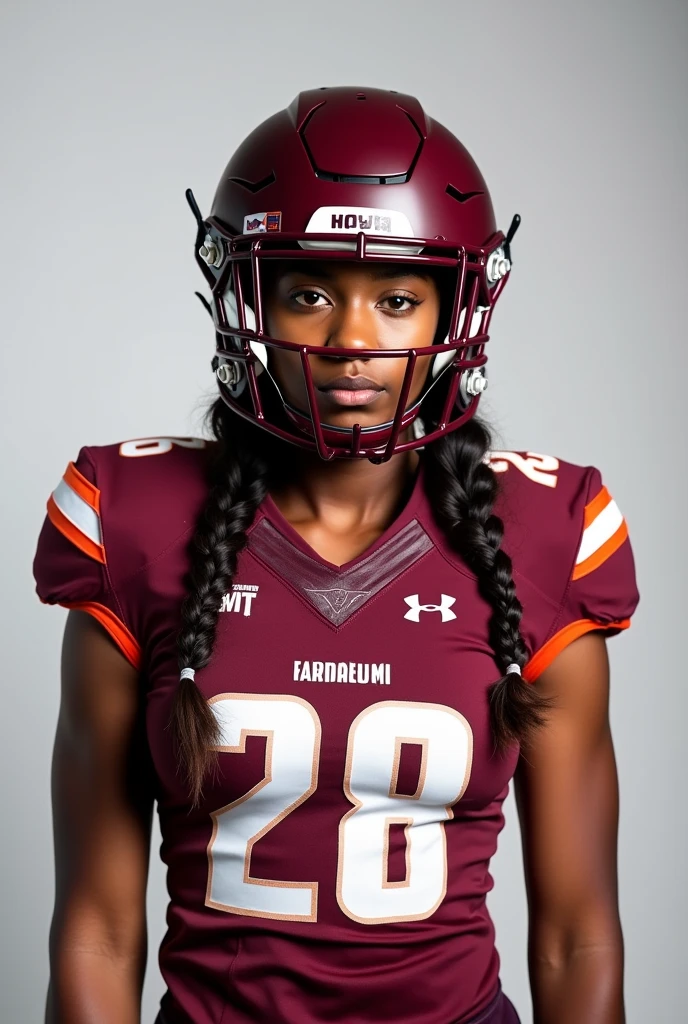 A photo of Jeanette Laurent, a cornerback for the female Virginia Tech Hokies football team. Number 28.