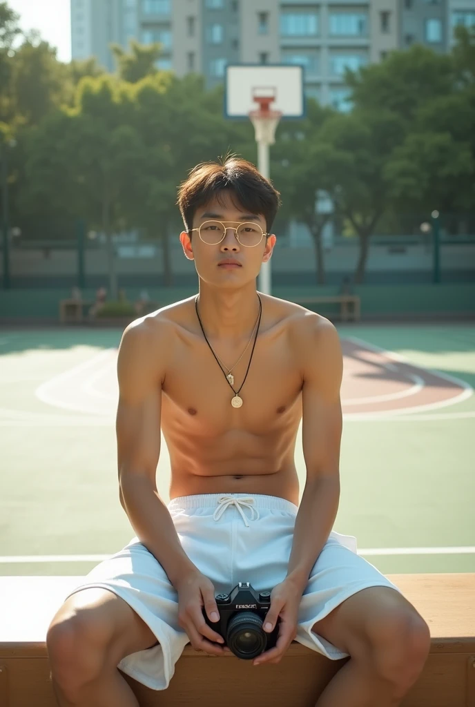 22-year-old male,film camera,Reality,photography of,whitestocking,Physical Education Student,Handsome,Chinese boy,Outdoor basketball court,Sit on a bench,White short sweatpants,Gold-rimmed glasses,Fashionab,youthfulenergy,muscle men,health charm,Sunny scent,Portrait photography,vogue photography,perfect detail,Gorgeous light and shadow,Shooting from an elevation perspective,2k