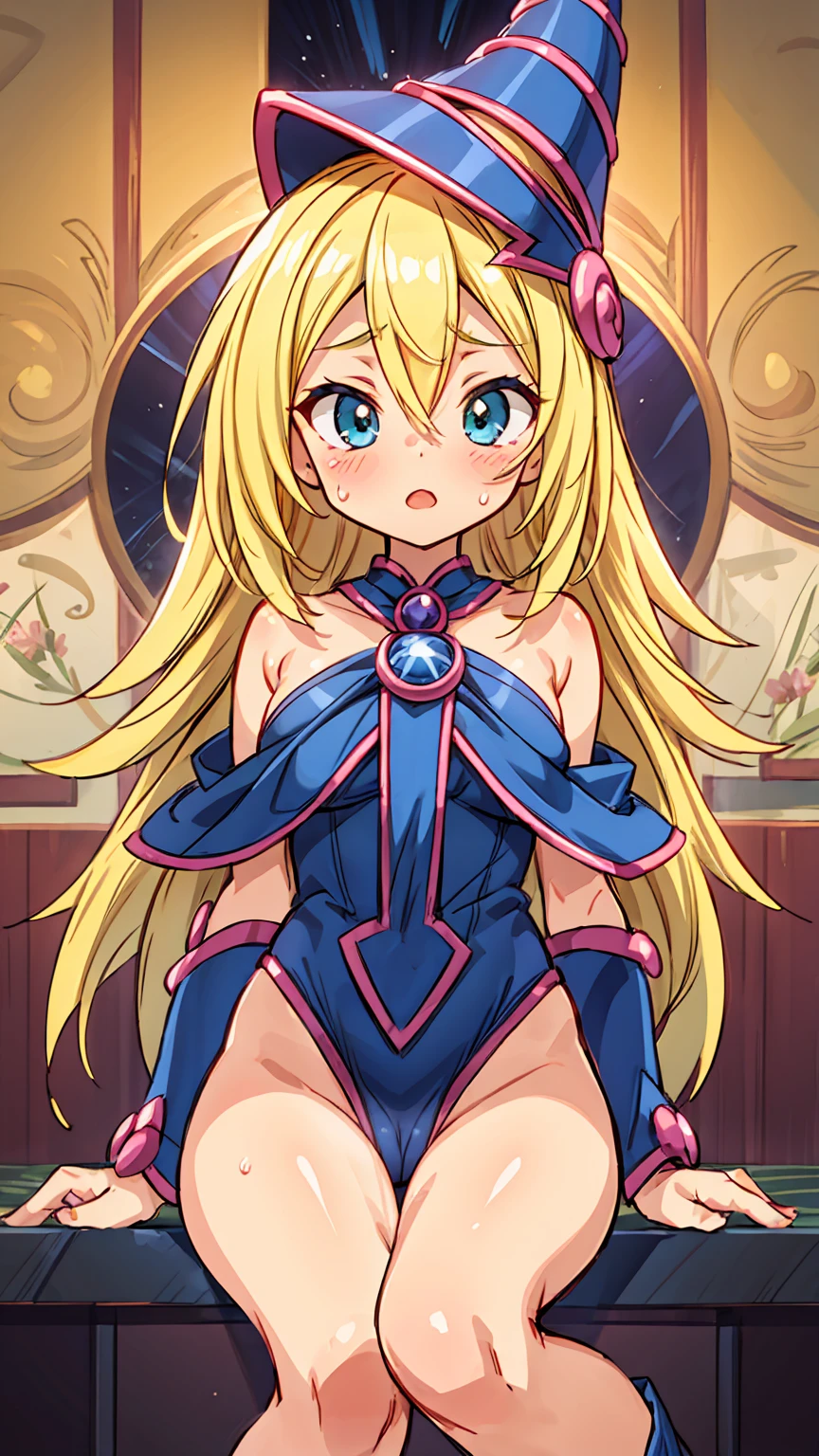 Very detailed、Highest quality、Best image quality、masterpiece、8k、Anime Face、Blonde Hair Color、Black Magician Girl、Completely naked、All Nude、A pleasant expression、I'm leaking pee